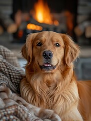 Golden retriever relaxing by the fireplace on a cozy winter evening in a warm living room