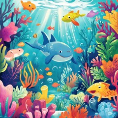 Naklejka premium Vibrant Underwater Scene With Colorful Fish And Coral