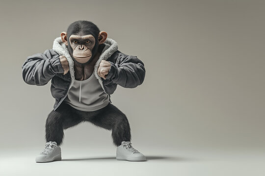 anthropomorphic chimpanzee bodybuilder striking a dynamic pose, showcasing impressive muscles and strength. This playful and powerful character blends animal and human traits for a bold, banner