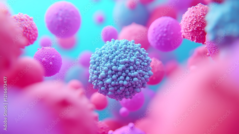 Poster a vibrant array of colorful spheres representing cells in a microscopic view, showcasing intricate d