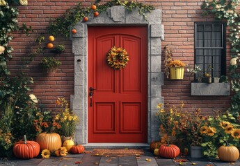 Naklejka premium Vibrant Autumn Decor at a Charming Red Door Surrounded by Seasonal Flowers, Pumpkins, and Colorful Leaves in a Warm Fall Atmosphere