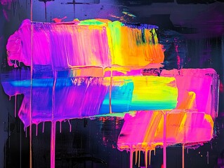 Vibrant brushstrokes of neon paint drip down a dark background, creating a dynamic and abstract art piece.