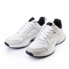 White sneakers with black accents lying on reflective surface, highlighting contemporary minimalist footwear design