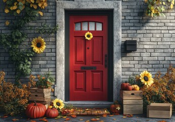 Naklejka premium Vibrant Autumn Entrance with Red Door, Sunflowers, and Pumpkin Decor Showcasing Seasonal Beauty and Warmth in a Welcoming Outdoor Space