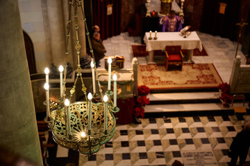 Beautiful concert held in a historical church with elegant lighting and decor