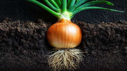 Cross-sectional view of an onion plant showcasing its bulb, roots, and shoots in fertile soil with natural lighting