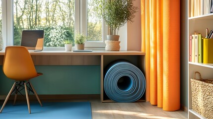 A yoga mat rolled up and stored neatly beside a modern office desk.