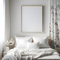 minimalist bedroom room bathed in natural light from a large window. Frame mockup, bedroom room wall poster mockup. Interior mockup with house background. Modern interior design. 