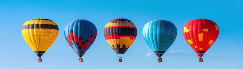 Fototapeta premium Colorful hot air balloons ascending against a clear blue sky, showcasing vibrant patterns and creating a cheerful atmosphere.