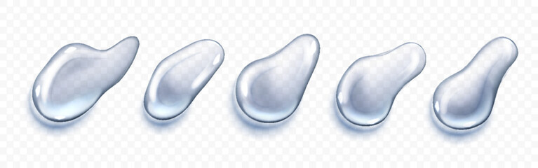 Clear liquid drops of gel, cosmetic product texture. Drops realistic vector illustration set isolated