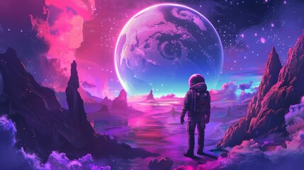 Obraz premium A vibrant cosmic scene featuring an astronaut against a colorful planet backdrop.