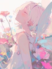 Pastel Fairy Among Blooming Flowers Dreaming Softly