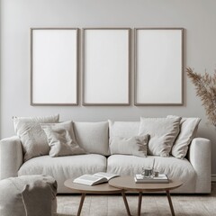 Cozy Living Room Setup with Blank Frames on Light Gray Wall