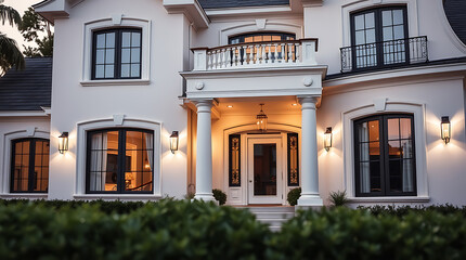 Fototapeta premium Majestic White House Exterior at Dusk: Elegant Architecture and Classic Design. Discover the allure of luxury real estate with this stunning property.