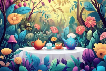 Enchanting Tea Party Amidst Vibrant Floral Wonderland