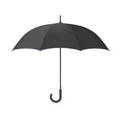 Black umbrella spreading wide, shielding from raindrops while standing against pristine white backdrop, highlighting minimalist design