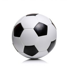Fototapeta premium Soccer ball positioned on pristine white surface, casting sharp reflection, symbolizing global passion for football gameplay