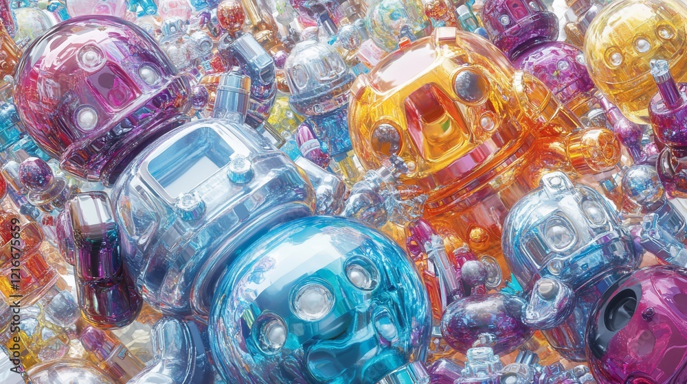 Poster shiny colorful robot figures abstract art creation with multiple transparent textures