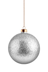 Realistic silver glitter christmas ball with ribbon isolated on a transparent background, PNG. High resolution.