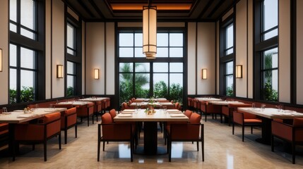 Elegant restaurant interior featuring modern tables, chairs, and ample natural light for a warm dining experience.