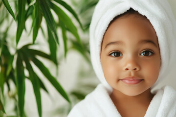 Adorable African American child wrapped in towels, spa day, serene mood, with lush green plant background