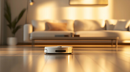 A sleek robotic vacuum cleaner quietly operates on shiny wooden floors in a cozy, well-lit living room, enhancing the home environment.