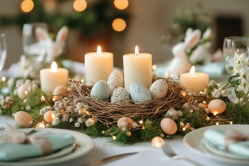 A dining table adorned with glowing candles, speckled eggs, moss, and decorative ceramic bunnies