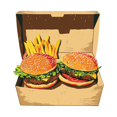 elegant illustration of burger and fries with box