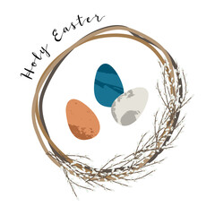 Holy Easter. Cute egg, bird nest, wreath, willow. Eco decoration. Vector flat cartoon illustration. Perfect for poster, print, card, invitation, greeting, tag