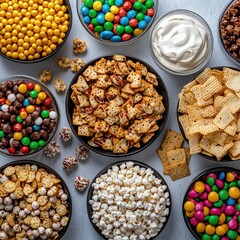 Fototapeta premium Colorful candies, popcorn, and snacks in bowls. Party food, overhead view