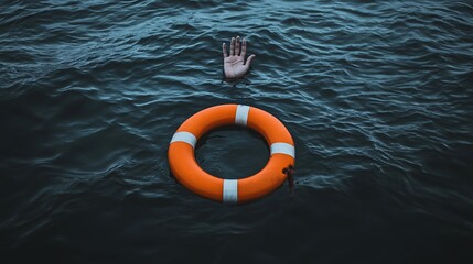 A hand emerges from dark water, reaching for an orange life ring, symbolizing rescue and urgency in a potentially drowning situation.