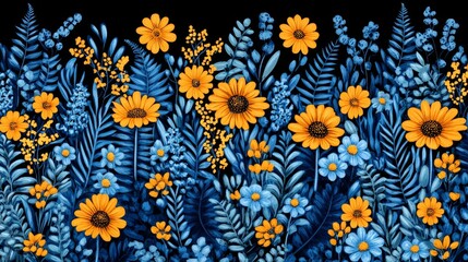 Obraz premium Vibrant Night Garden Sunflowers and Blue Flowers on Black Background