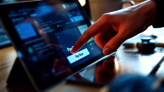 Hand touches pay now button on tablet screen for online transaction