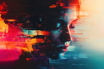 Overlay of glitch effects and static noise on a dark, fragmented digital interface filled with vibrant colors