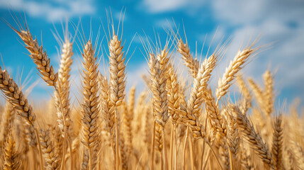 Fototapeta premium Golden wheat field under a blue sky with clouds showcasing ripe ears swaying gently in the breeze during summer harvest season