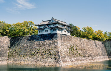 View with Inui-yagura Turret within Osaka Castle, Japan. The massive stone wall outer moat of Osaka Castle © Cristi