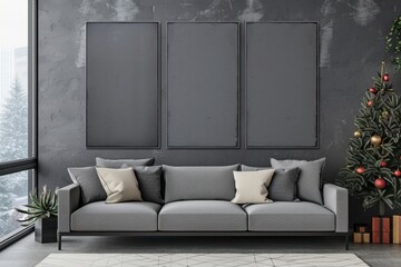 Modern Living Room with Grey Couch and Christmas Tree Decoration