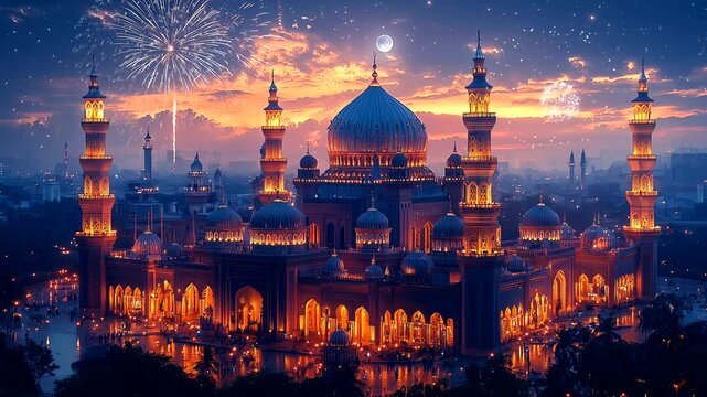 Grand mosque with glowing lights, vibrant fireworks, and a colorful sky at night seamless looping 4k time-lapse animation video background