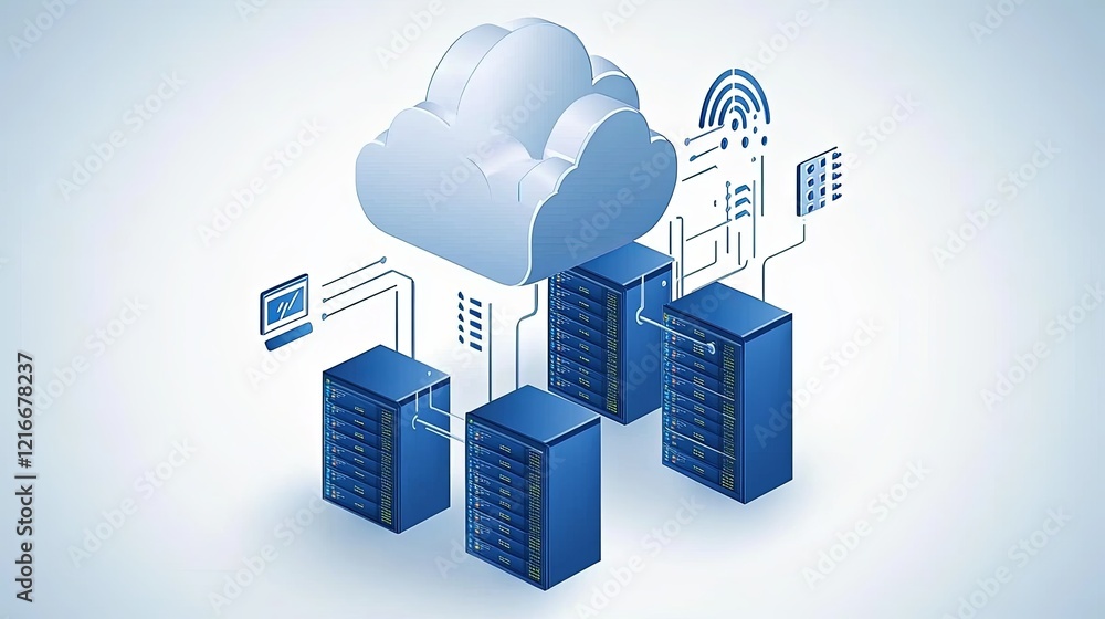 Poster cloud computing technology with servers and data storage illustrated in a modern digital style. gene