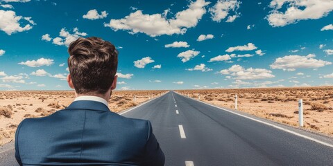 Fototapeta premium Businessman in Suit Facing Long Desert Road Under Clear Blue Sky with White Clouds