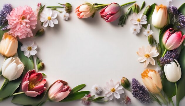 A spring-inspired floral background featuring pastel-colored flowers such as tulips and daisies, in the middle is empty for text. Wallpaper, banner, poster, flower.
