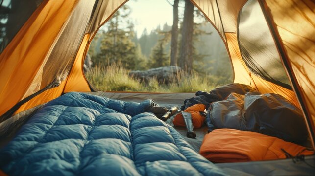 Camping tent with outdoor gear spread out. Featuring a tent, sleeping bags, and camping tools. Highlighting the camping setup and outdoor comfort. Ideal for camping blogs and outdoor adventure guides.