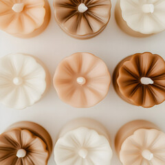 Obraz premium A top-down close-up of decorative candles with flower-shaped tops, arranged in a radial pattern. The candles feature earthy tones like caramel, beige, and terracotta. 