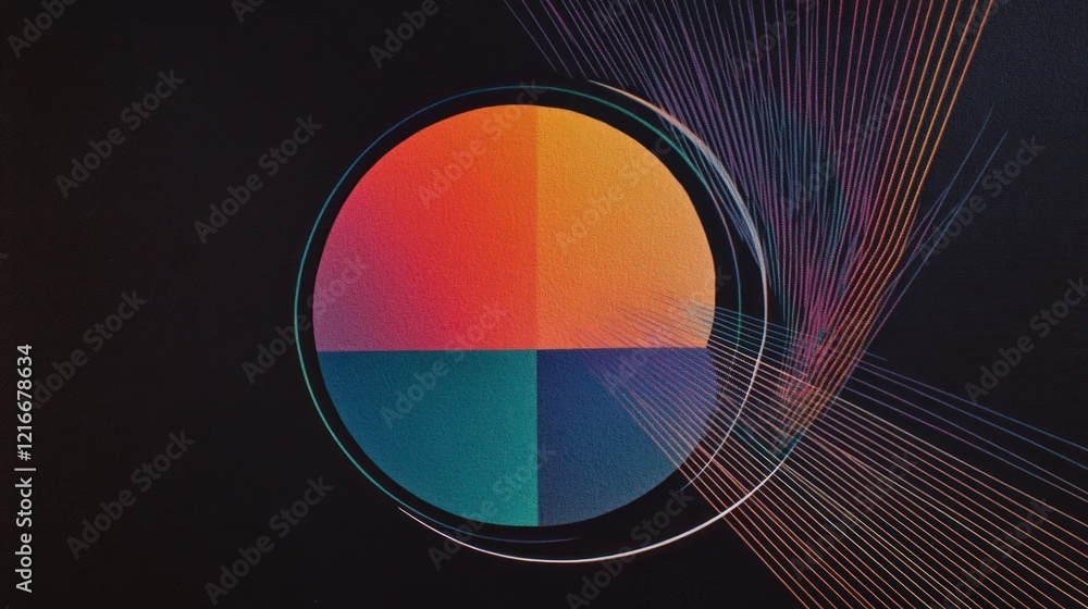 Poster abstract warm color quadrants circle design dark background linear art