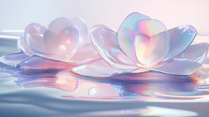 Fototapeta premium A serene composition featuring abstract metallic petals arranged harmoniously on a reflective crystal surface, surrounded by soft foggy light and dreamy pastel tones. Glowing highlights create a futur