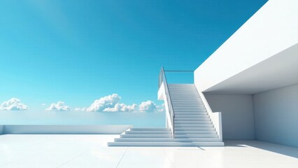 Obraz premium Modern minimalist architecture featuring a pristine white staircase ascending towards a vibrant blue sky with fluffy clouds