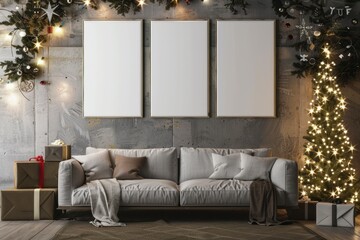 Cozy Living Room with Festive Decor and Blank Frames for Art