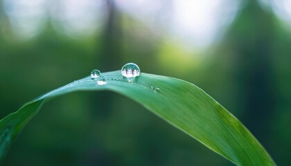 A raindrops on a green leaf with a blurred forest background