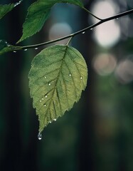 A raindrops on a green leaf with a blurred forest background 