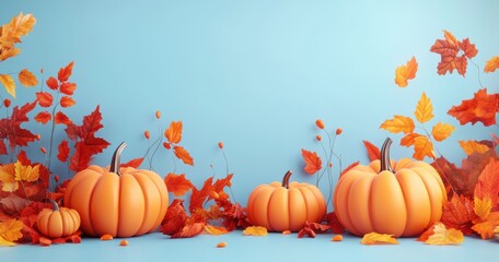Vibrant Fall Scene with Colorful Pumpkins Surrounded by Autumn Leaves on a Soft Blue Background, Perfect for Seasonal Decor and Events